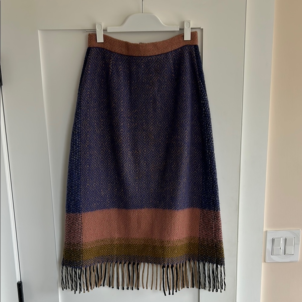 Vintage Fringed Wool Blanket Midi Skirt